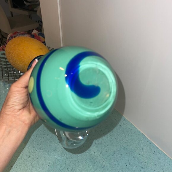 Pitcher Green Hand Blown Striped Art Glass Decor Collectible - Picture 5 of 8